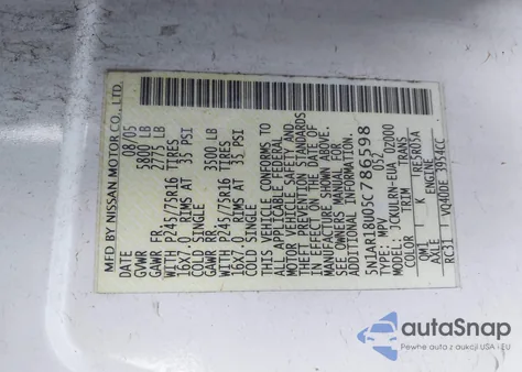 2005 Nissan Pathfinder Xe z USA, uszkodzony, nr VIN 5N1AR18U05C786598